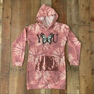 Belle du jour girls pink tie dye sequin butterfly long sleeve hoodie dress - M